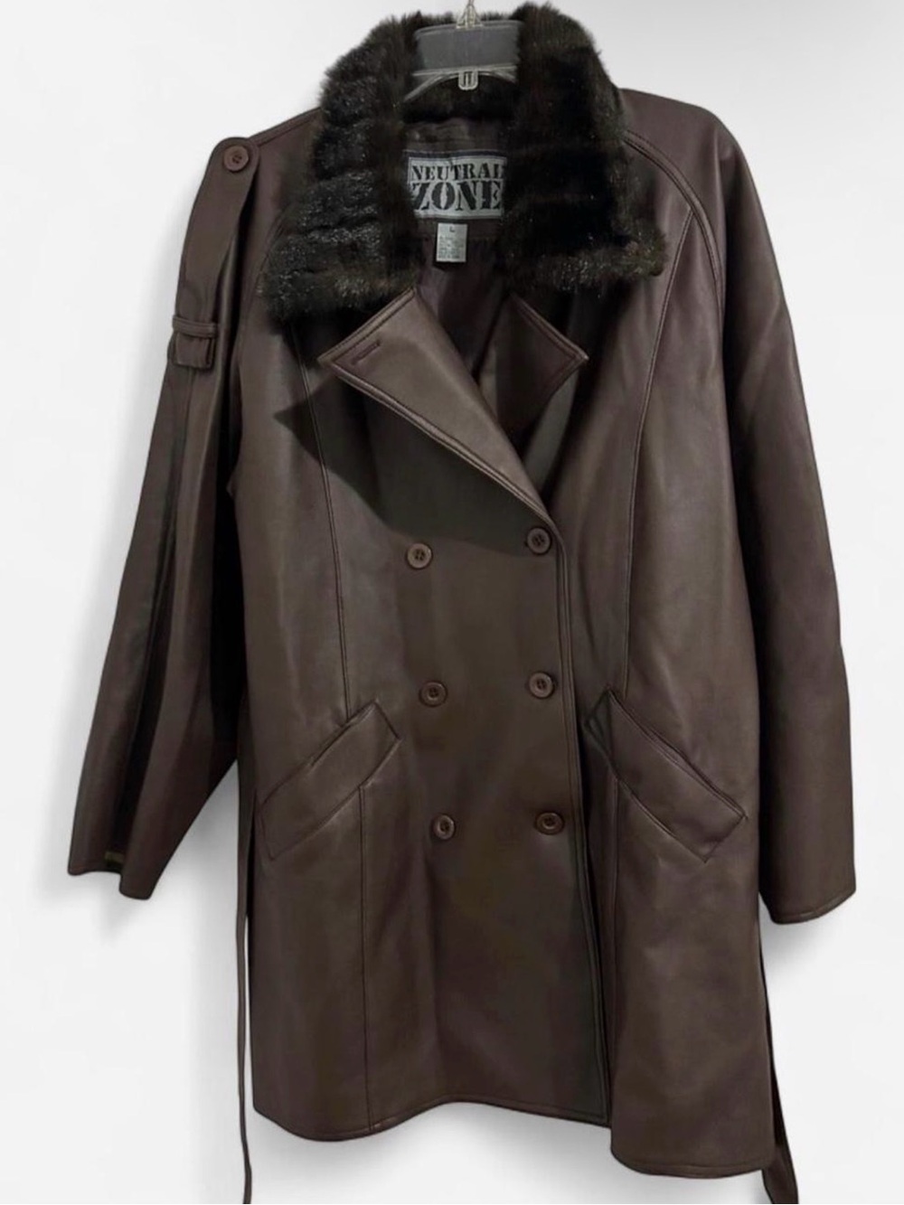Women's Dark Brown Leather Coat with Fur Collar
